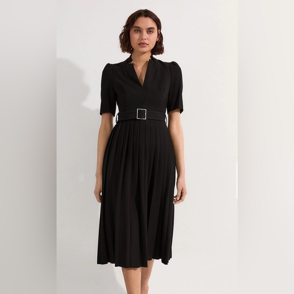 Karen Millen Structured Crepe Forever Pleat Belted Midi Dress
